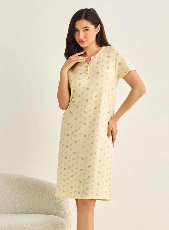 سبلاش فيڤ Midi Night Dress Short Sleeve Fruit Print Cotton